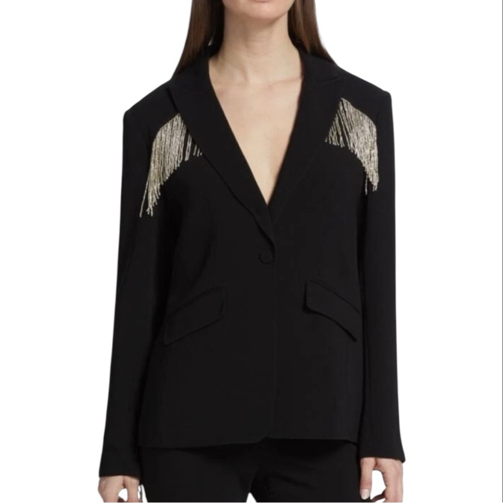 NWOT Cinq à Sept Women’s Ira Beaded Fringe Blazer in Black/Silver Beading Sz 8